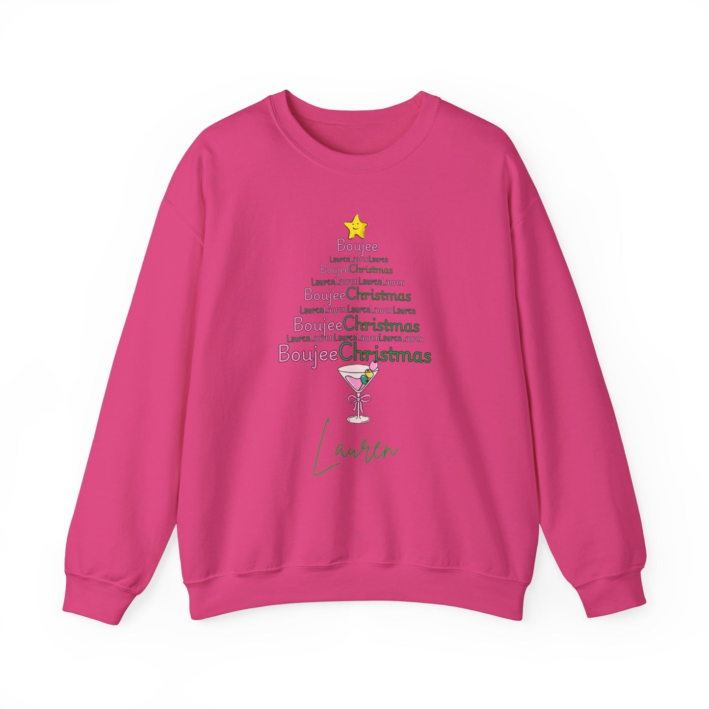 Personalized Merry Boujee martini tree Christmas, Pearls and Boujee Gift, Boujee bestie gift, Pink Boujee Sweatshirt,Unisex Heavy Blend™ Crewneck Sweatshirt