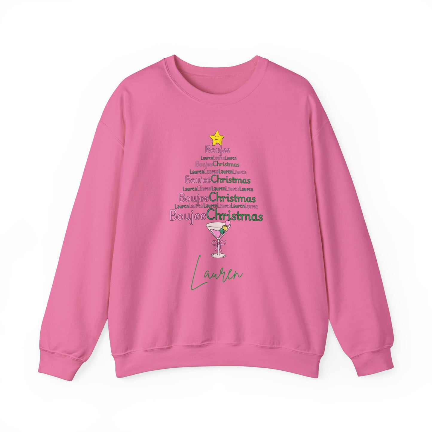 Personalized Merry Boujee martini tree Christmas, Pearls and Boujee Gift, Boujee bestie gift, Pink Boujee Sweatshirt,Unisex Heavy Blend™ Crewneck Sweatshirt