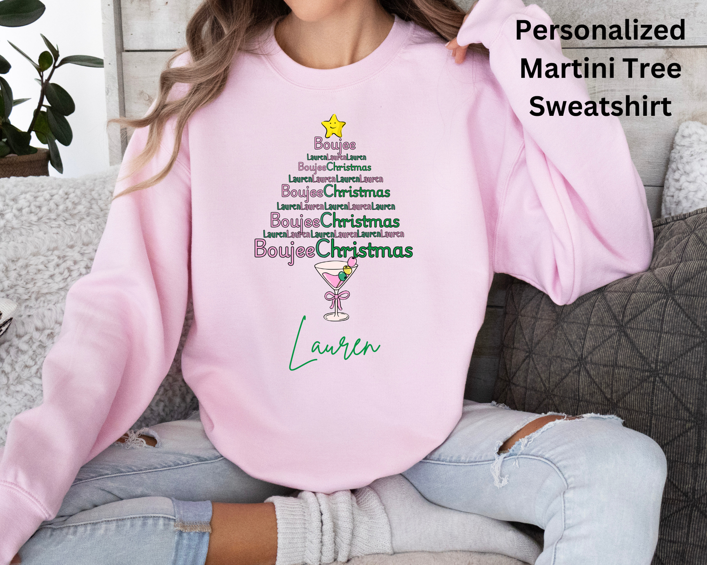 Personalized Merry Boujee martini tree Christmas, Pearls and Boujee Gift, Boujee bestie gift, Pink Boujee Sweatshirt,Unisex Heavy Blend™ Crewneck Sweatshirt
