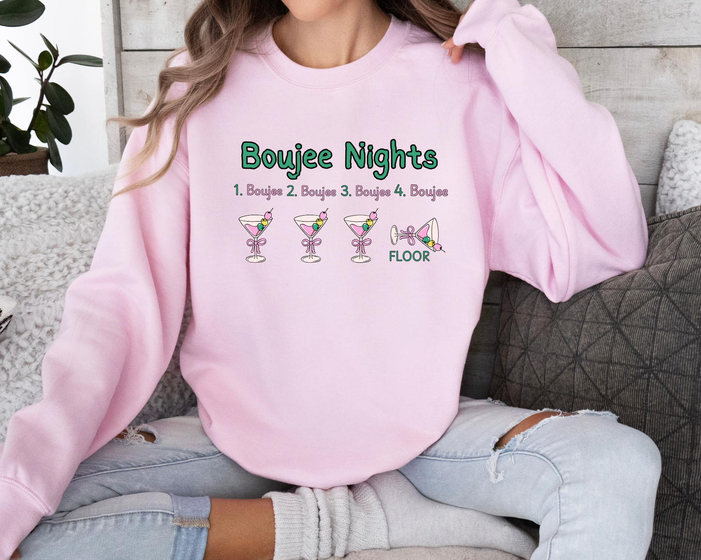 Personalized martini Boujee Nights Christmas, Pearls and Boujee Gift, Boujee bestie gift, Pink Boujee Sweatshirt,Unisex Heavy Blend™ Crewneck Sweatshirt