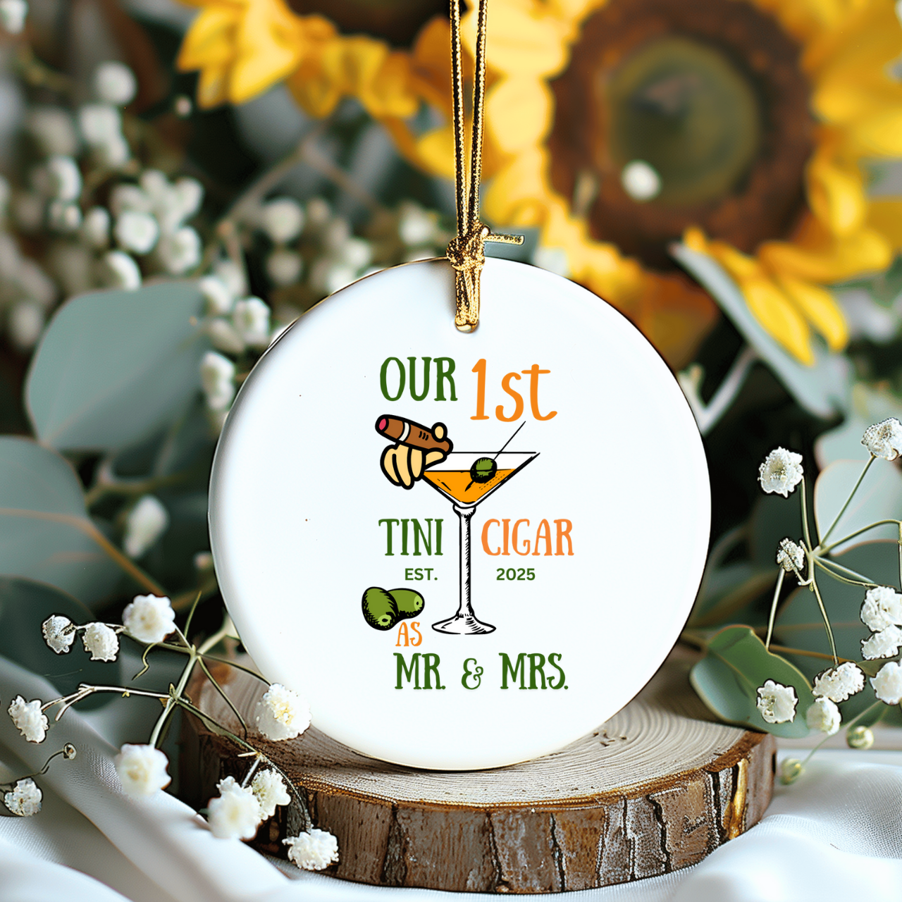Our First Cigar and Martini Christmas Ceramic Ornament