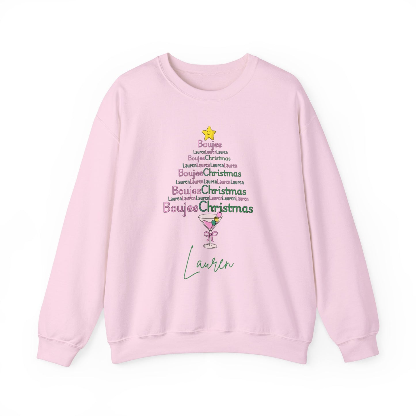 Personalized Merry Boujee martini tree Christmas, Pearls and Boujee Gift, Boujee bestie gift, Pink Boujee Sweatshirt,Unisex Heavy Blend™ Crewneck Sweatshirt
