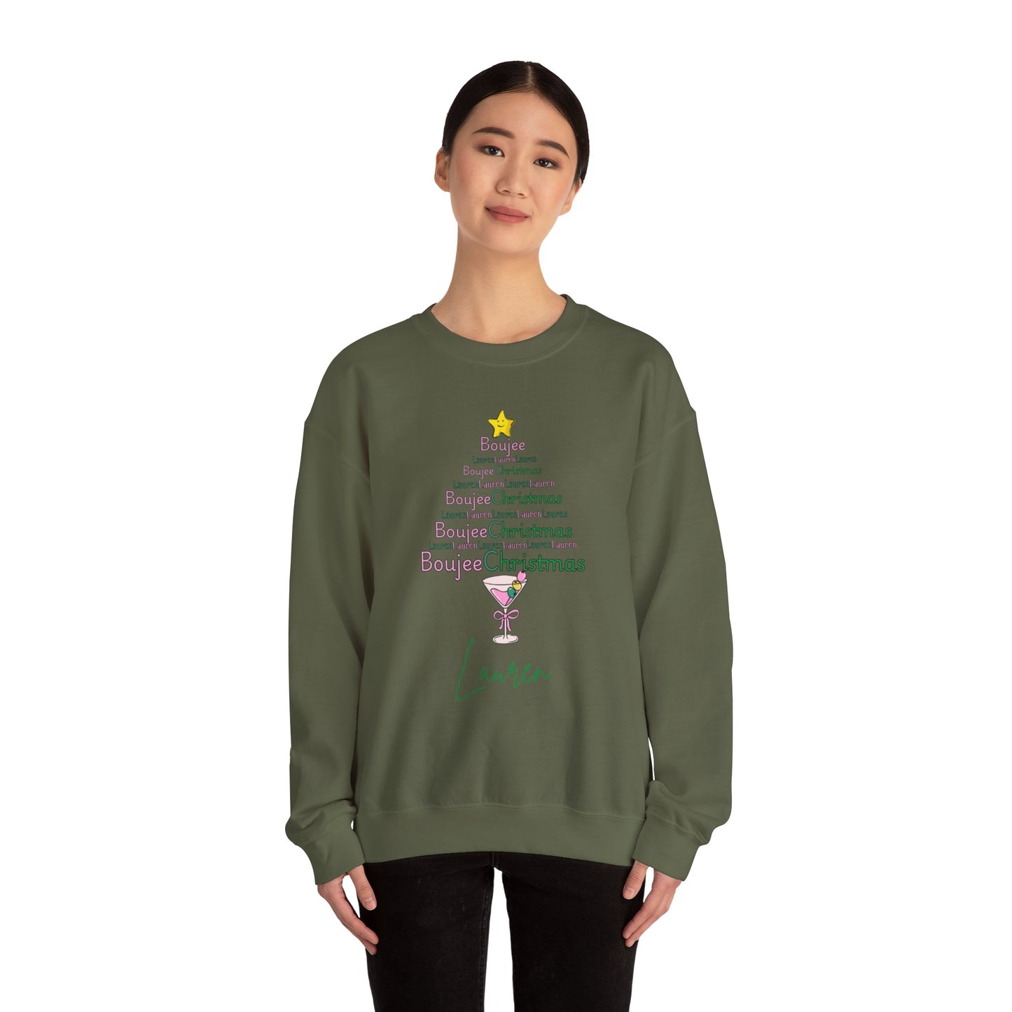 Personalized Merry Boujee martini tree Christmas, Pearls and Boujee Gift, Boujee bestie gift, Pink Boujee Sweatshirt,Unisex Heavy Blend™ Crewneck Sweatshirt