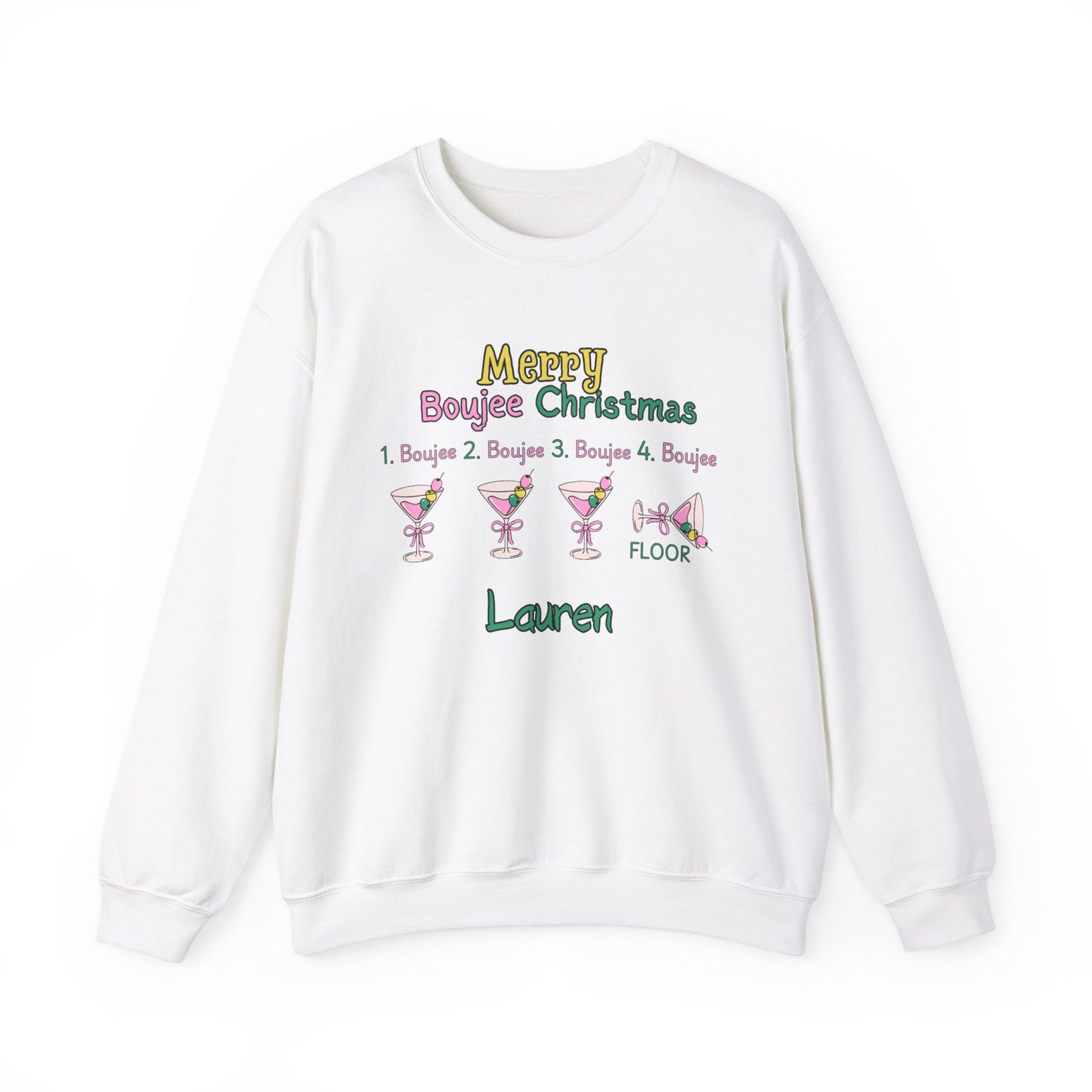 Personalized martini Boujee Nights Christmas, Pearls and Boujee Gift, Boujee bestie gift, Pink Boujee Sweatshirt,Unisex Heavy Blend™ Crewneck Sweatshirt