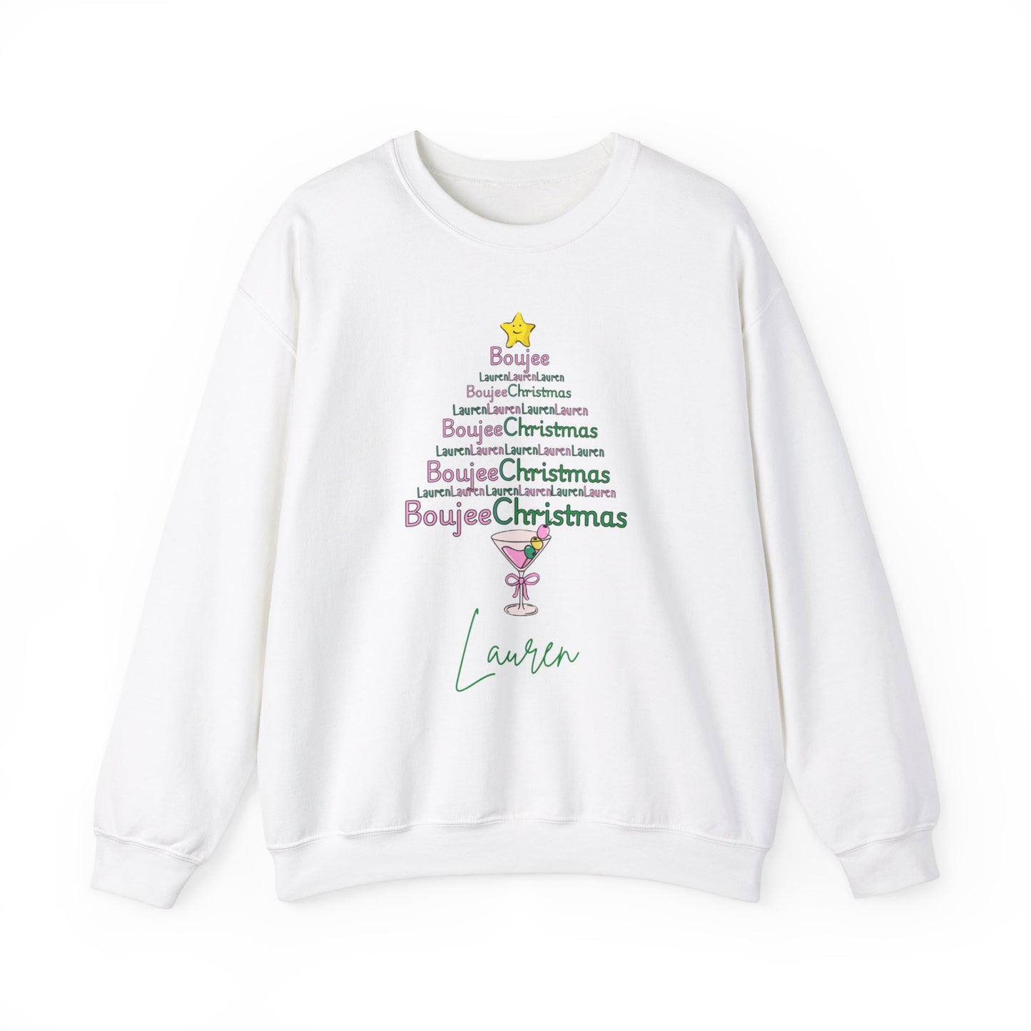 Personalized Merry Boujee martini tree Christmas, Pearls and Boujee Gift, Boujee bestie gift, Pink Boujee Sweatshirt,Unisex Heavy Blend™ Crewneck Sweatshirt