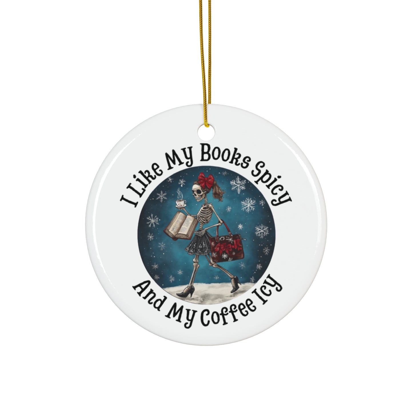 Spicy Books Skeleton Ceramic Ornament, Skeleton Ornament, Coffee Lovers, Book lover ornament
