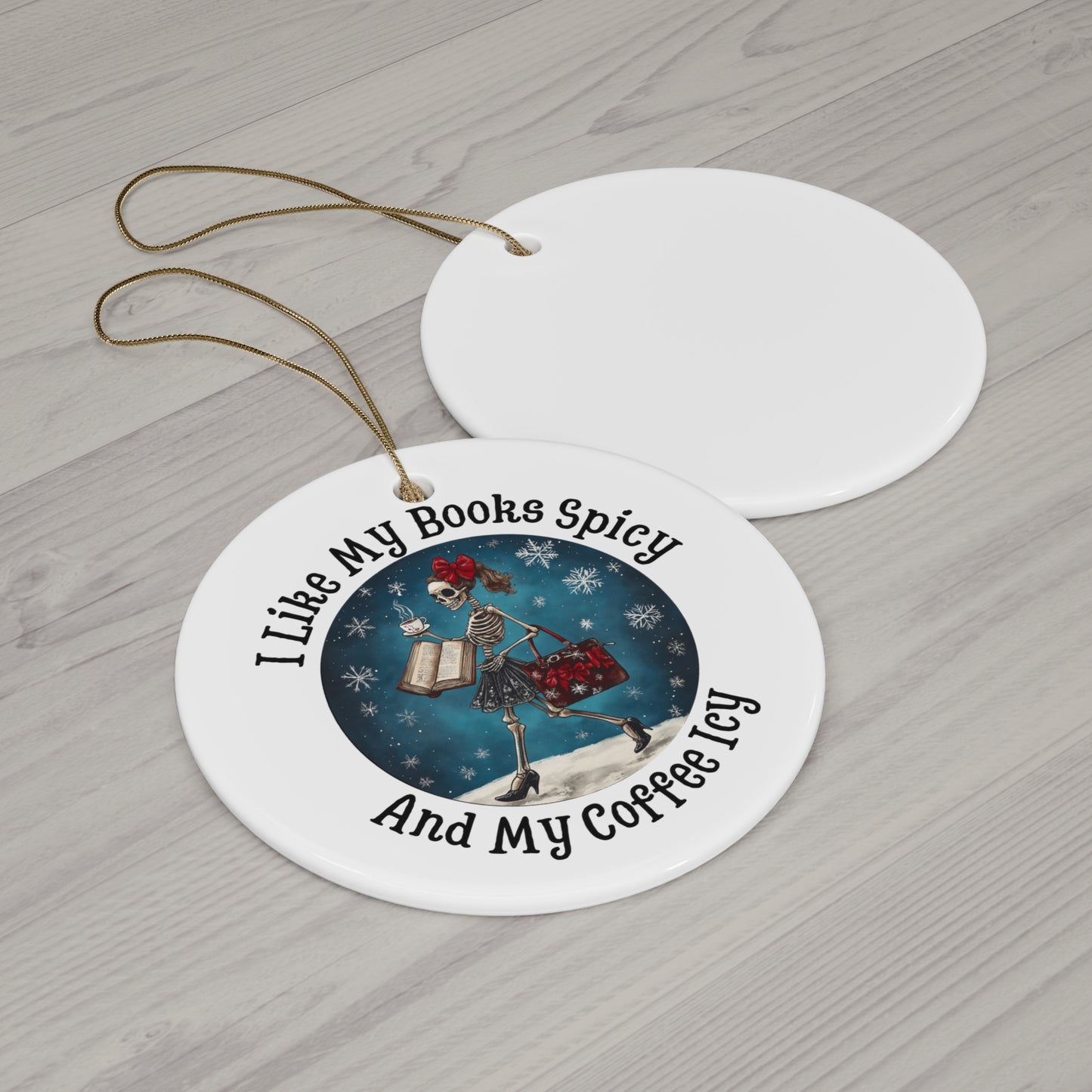 Spicy Books Skeleton Ceramic Ornament, Skeleton Ornament, Coffee Lovers, Book lover ornament