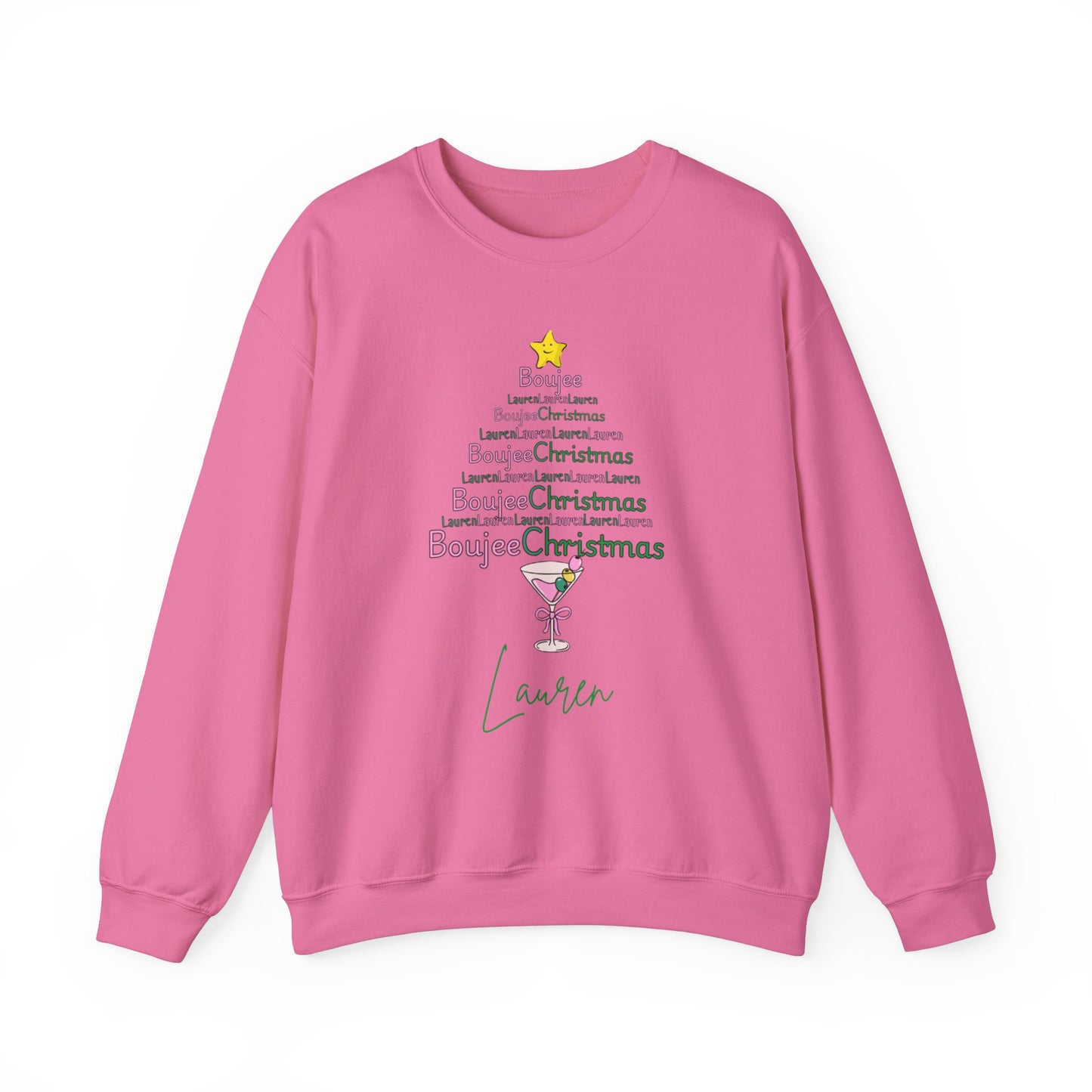 Personalized Merry Boujee martini tree Christmas,  Pearls and Boujee Gift, Boujee bestie gift, Pink Boujee Sweatshirt,Unisex Heavy Blend™ Crewneck Sweatshirt