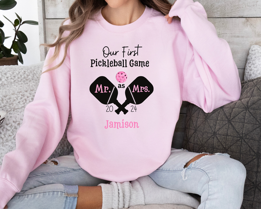 Our 1st Pickleball game married, Pickleball Christmas sweatshirt, Pickleball lover Christmas sweatshirt, Bridal gift, Pickleball newlywed Gift, Heavy Blend™ Crewneck Sweatshirt