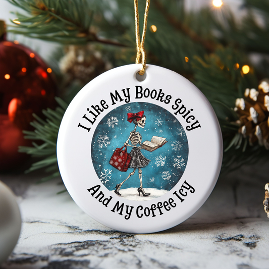 Spicy Books Skeleton Ceramic Ornament, Skeleton Ornament, Coffee Lovers, Book lover ornament